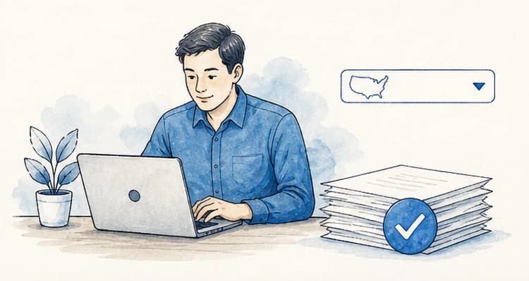 A business owner completing an online LLC application, with a stack of approved papers